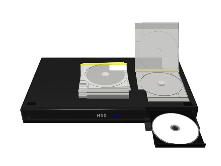 レンタルで映像を楽しむイメージ画像。 レコーダーと円盤(DVD?)。 イラストACより。