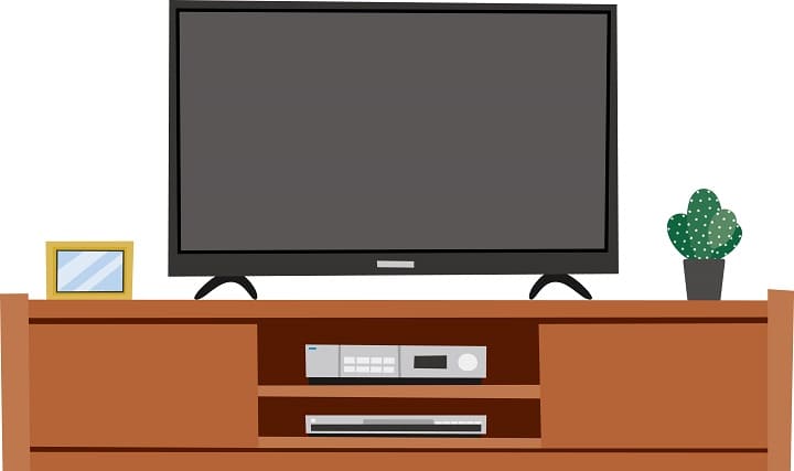 テレビのイメージ。 テレビ台とインテリア。レコーダー等。 イラストACより。